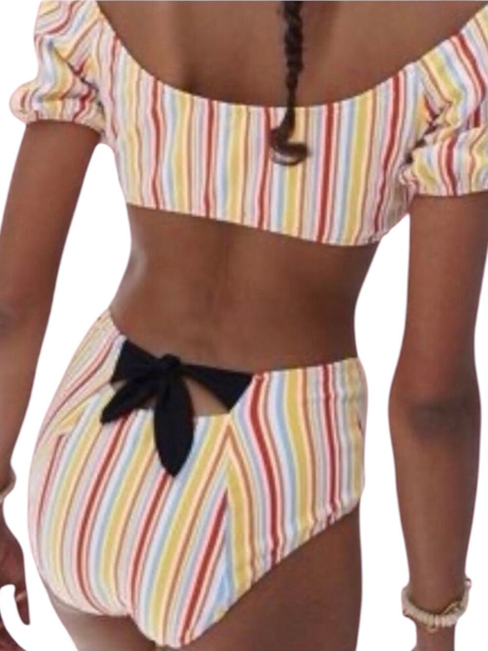 Lemlem Mokati Pouf Bikini Swimsuit High Waisted Bottoms Lemon Zest Stripe Small